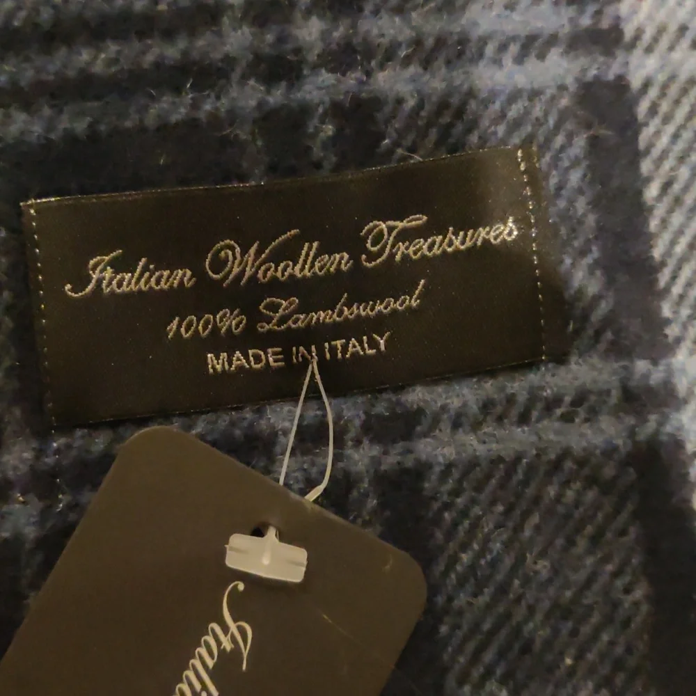 New! Italian Woolen Treasures Men's Blue Plaid 100% Lambwool Scarf Made In Italy